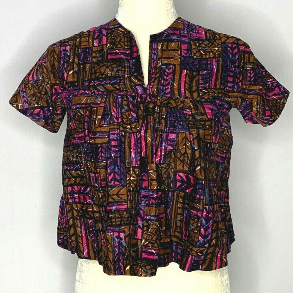 Vintage 60s Babydoll Shirt S Pink Brown Tribal Native Short Sleeve Split V